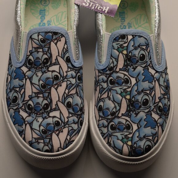 Disney Lilo & Stitch Girls Sneakers Size 2, Blue W/Sparkly Silver, Slip On - Picture 6 of 10
